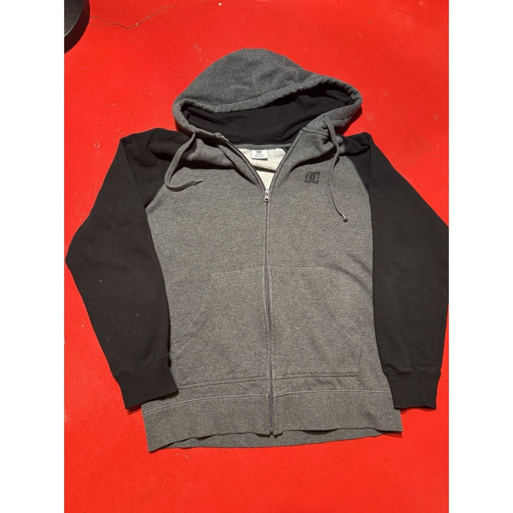 Y2K DC Shoes Zip Up Hoodie Mens Medium Gray Black Sleeves Skate Jacket Blank
